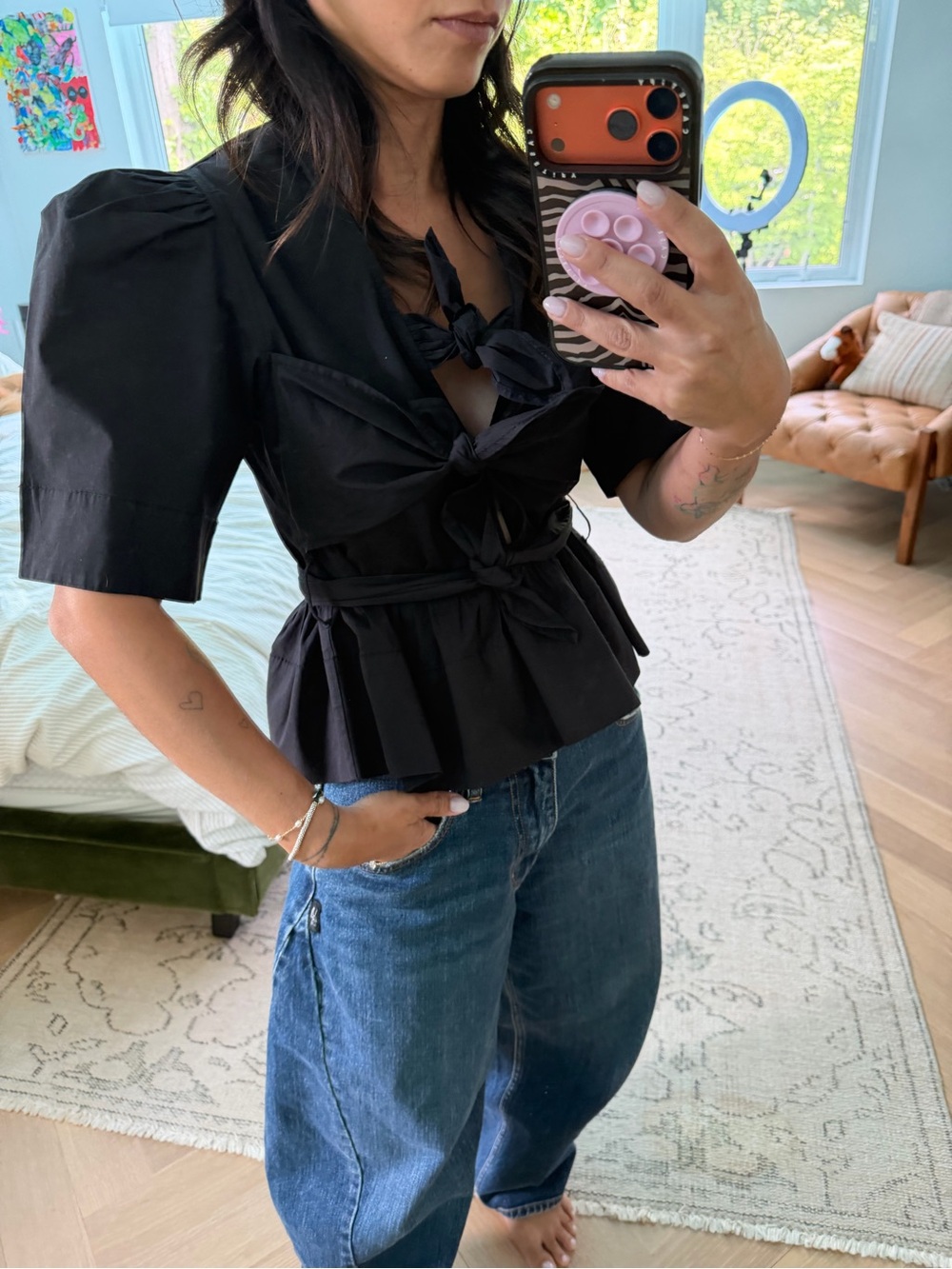 Ganni Black Stretch Cotton Tie Strap Blouse